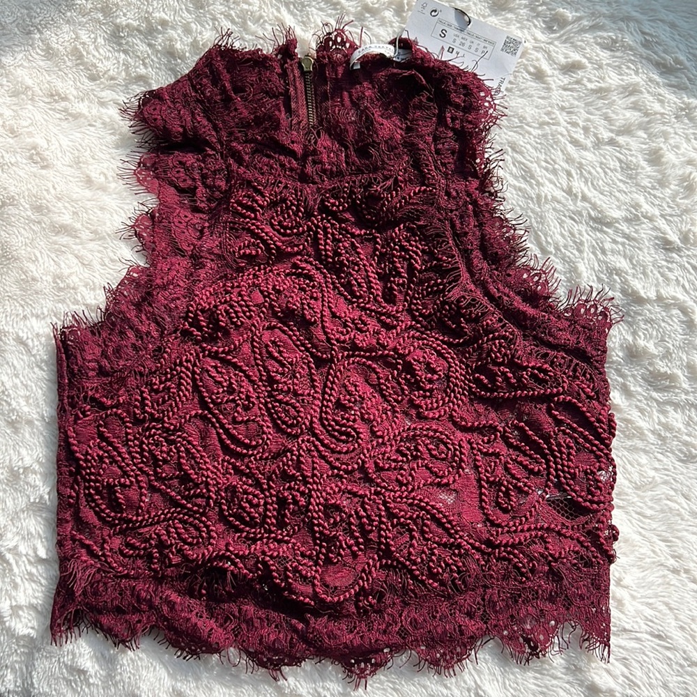Zara TRF Burgundy Embroidered Lace Top